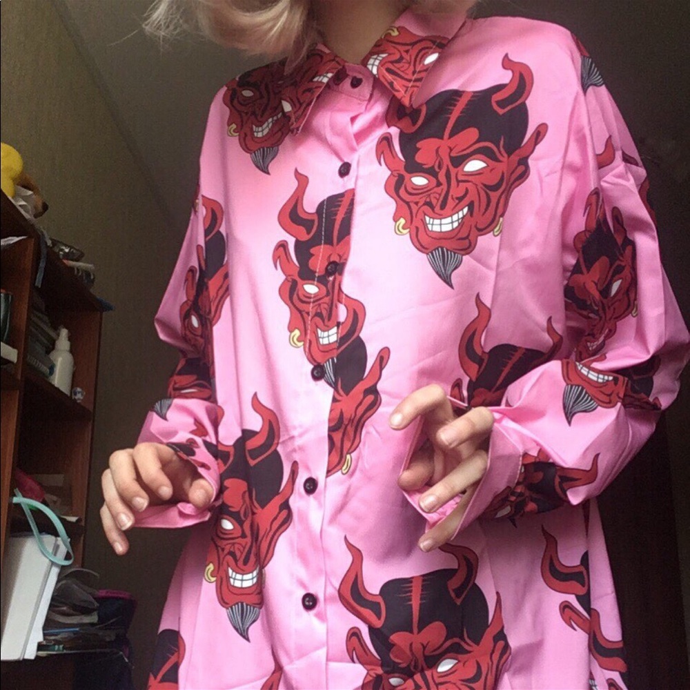 Pink oversized Devil Pattern Button Up Shirt